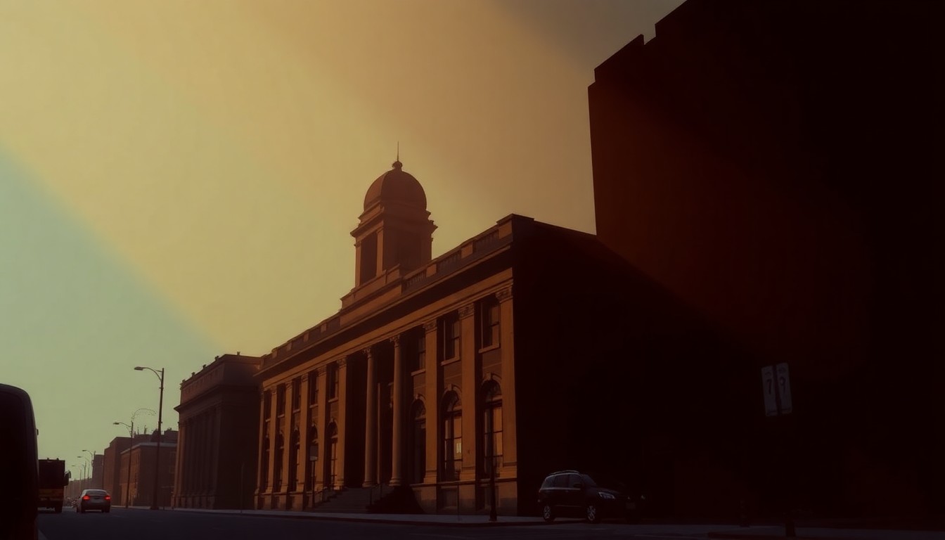 A photorealistic painting of a city hall building in warm, golden light with deep shadows, conveying a sense of civic unease and political tension.