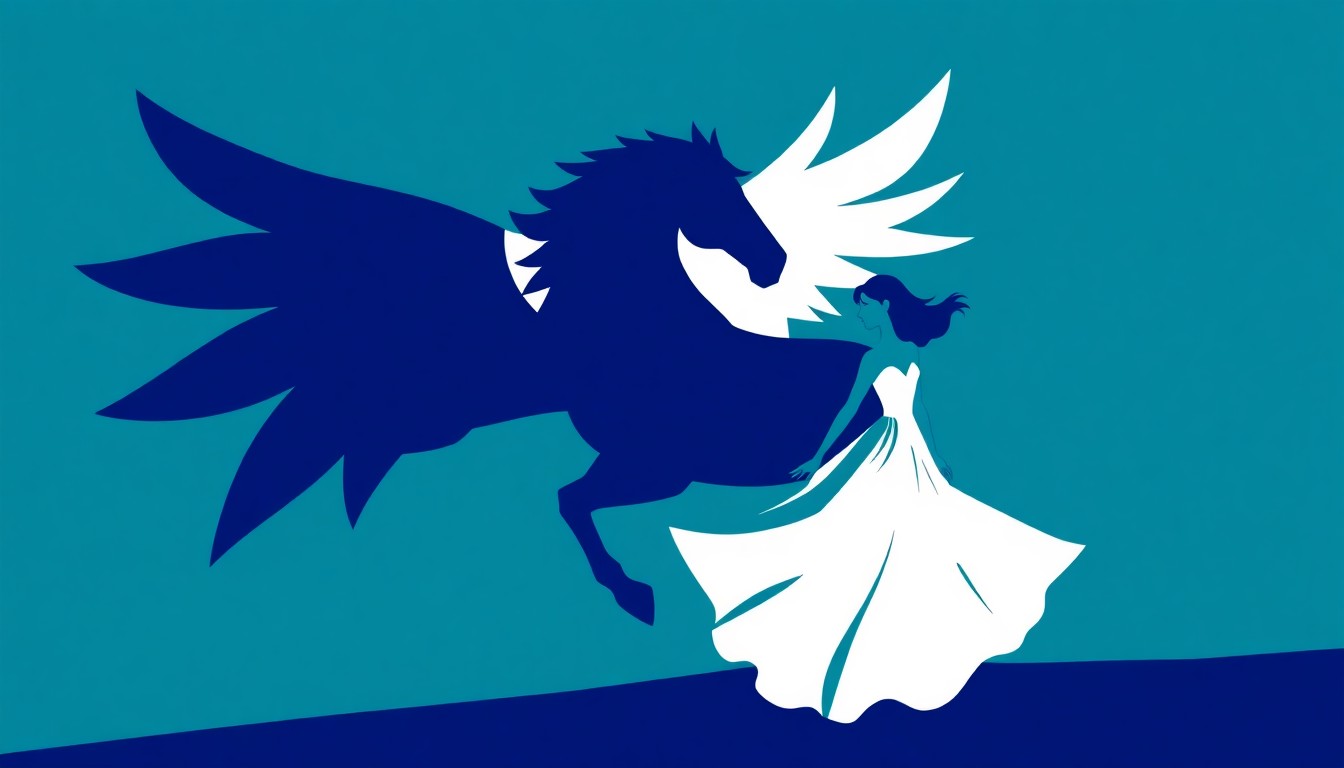 An abstract, minimalist illustration featuring jagged geometric shapes in shades of blue and teal, representing a winged horse and a young woman in a flowing dress, symbolizing the fantasy romance and magical connection at the core of Nora Carmody's debut novel.