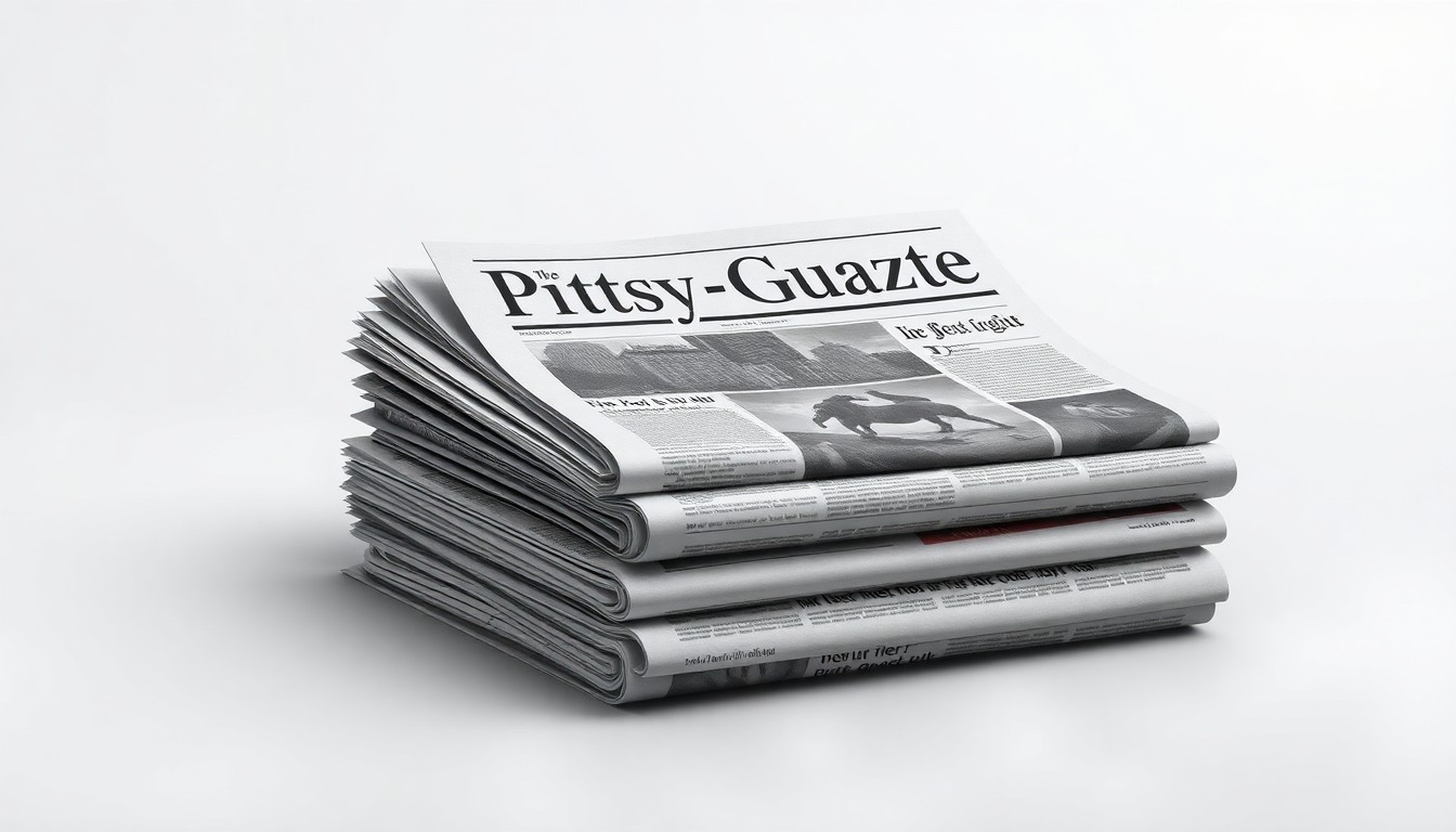A high-end, photorealistic studio still-life photograph featuring a stack of newspapers, including the Pittsburgh Post-Gazette, arranged elegantly on a clean, monochromatic background. The newspapers are made from premium materials and clean geometric shapes, using dramatic lighting and shadows to represent the changing media landscape and the importance of local journalism.