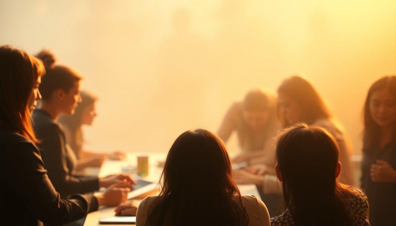 An abstract, out-of-focus photograph showing the blurred silhouettes of people gathered around a table, with their hands and hair visible, suggesting the act of cutting and donating hair for a charitable cause.