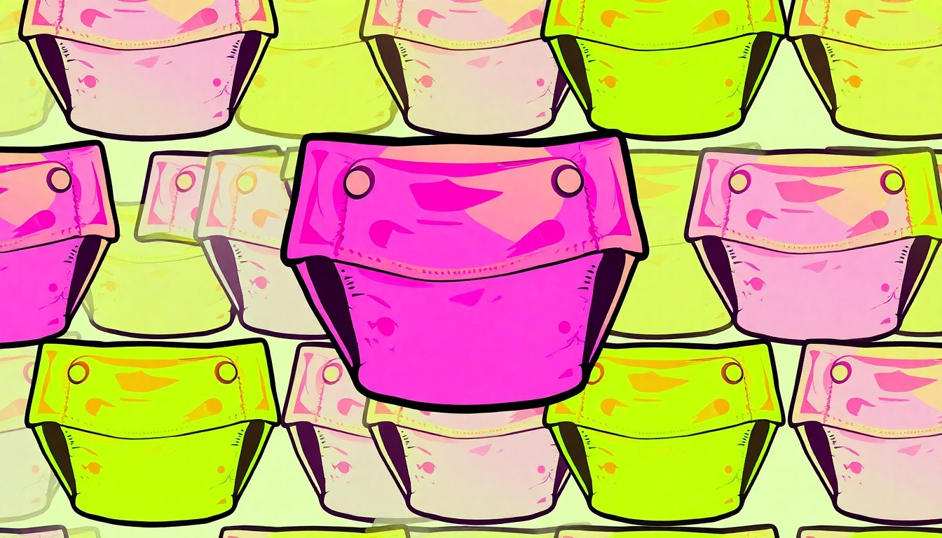 A bold, colorful silkscreen-style illustration featuring a repeating pattern of a single baby diaper icon in bright, neon-like hues, conceptually representing the large-scale community donation drive.