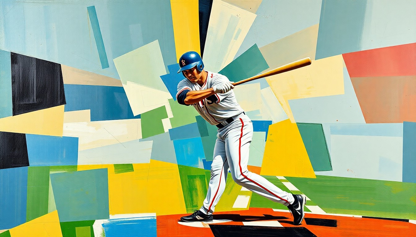 A cubist, geometric painting depicting a baseball player's motion broken down into overlapping planes of color and shape, conveying the disruption and setbacks caused by Triston Casas's latest injury.