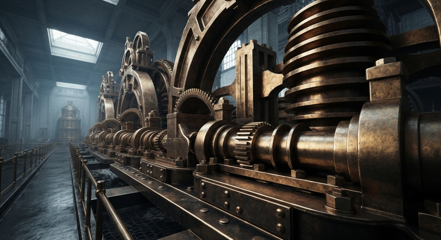 A highly detailed, macro-level view of the gears, levers, and mechanisms that comprise the physical infrastructure of the banking and finance sectors, conveying a sense of the scale and complexity underlying global investments and asset management.