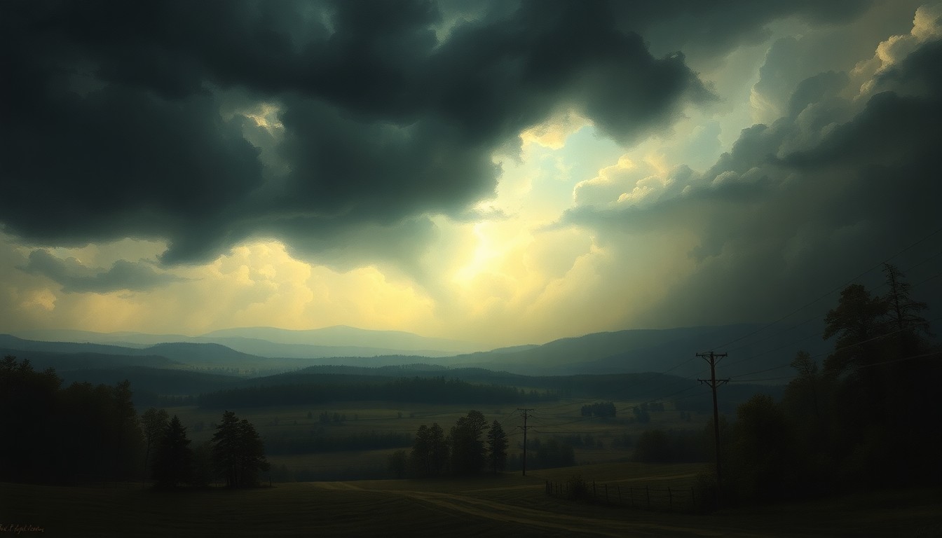 A sweeping, atmospheric landscape painting in muted tones of gray, blue, and gold, depicting a dramatic thunderstorm raging over a rural countryside. The scene conveys a sense of the overwhelming, sublime power of nature, with only faint silhouettes of downed trees and power lines hinting at the damage below.