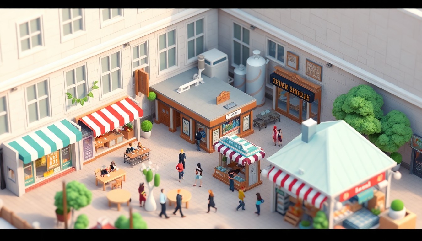 A stylized, isometric 3D illustration depicting a bustling scene inside the Ivywild School complex, with various businesses like restaurants, shops, and a brewery, all arranged in a clean, modern, and playful manner to represent the economic boost the Space Symposium provides to the local community.
