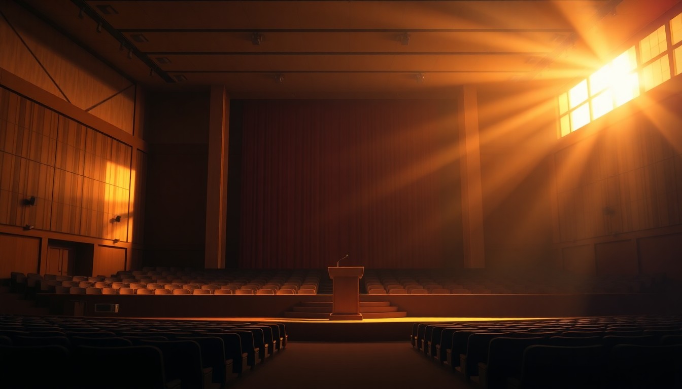A serene, cinematic painting of an empty university auditorium stage, with a lone podium bathed in warm, diagonal sunlight and deep shadows, conveying a sense of political reflection and nostalgia.