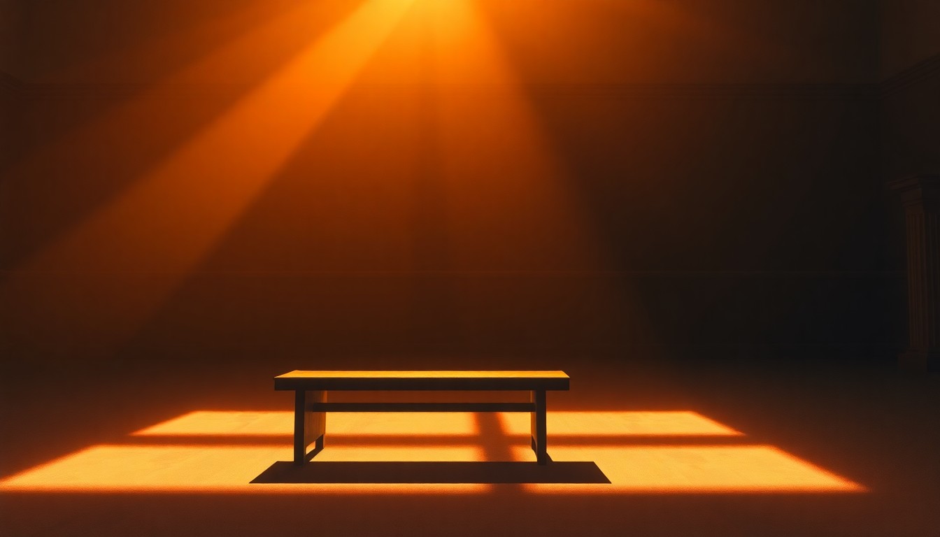 A serene, cinematic painting of an empty courtroom bench, the warm sunlight casting deep shadows and creating a sense of quiet contemplation over the imbalances within the legal system.
