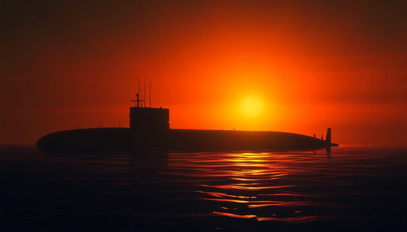 A serene, painterly image of a submarine silhouetted against a warm, golden sunset sky, with deep shadows cast across the water, conceptually representing the retirement of a veteran naval vessel.