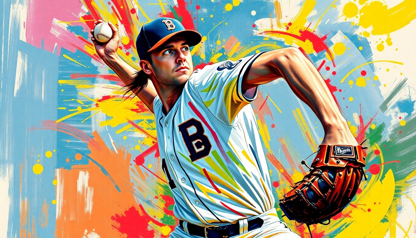 An abstract expressionist painting featuring bold, energetic brushstrokes in neon colors that capture the dynamic motion and raw power of a baseball pitcher in action, with the player's face and uniform details dissolved into unrecognizable splatters of paint.