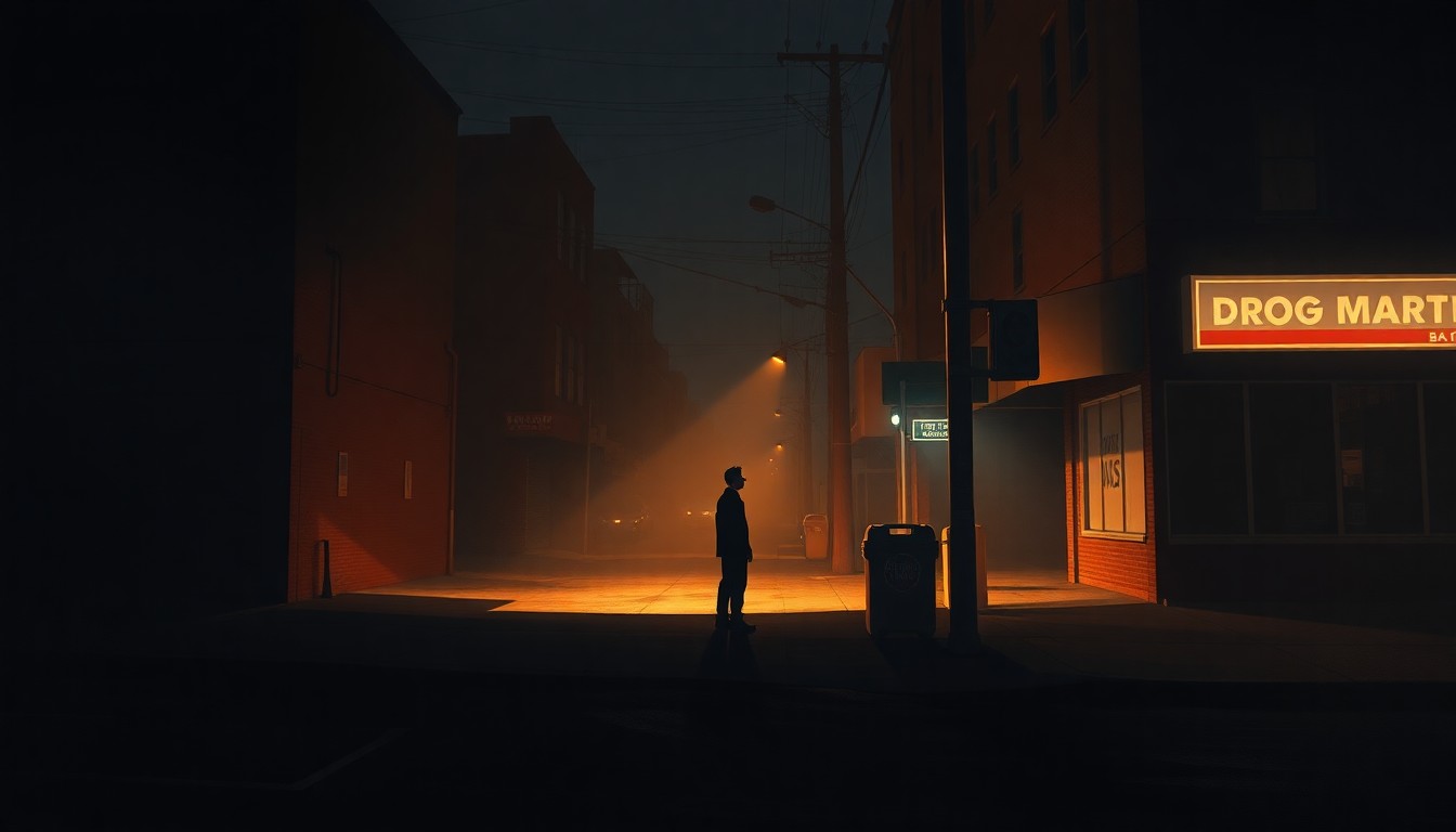 A cinematic painting of a lone figure standing on a shadowy urban street corner, the warm light and deep shadows evoking a sense of melancholy and despair surrounding the city's open-air drug markets.