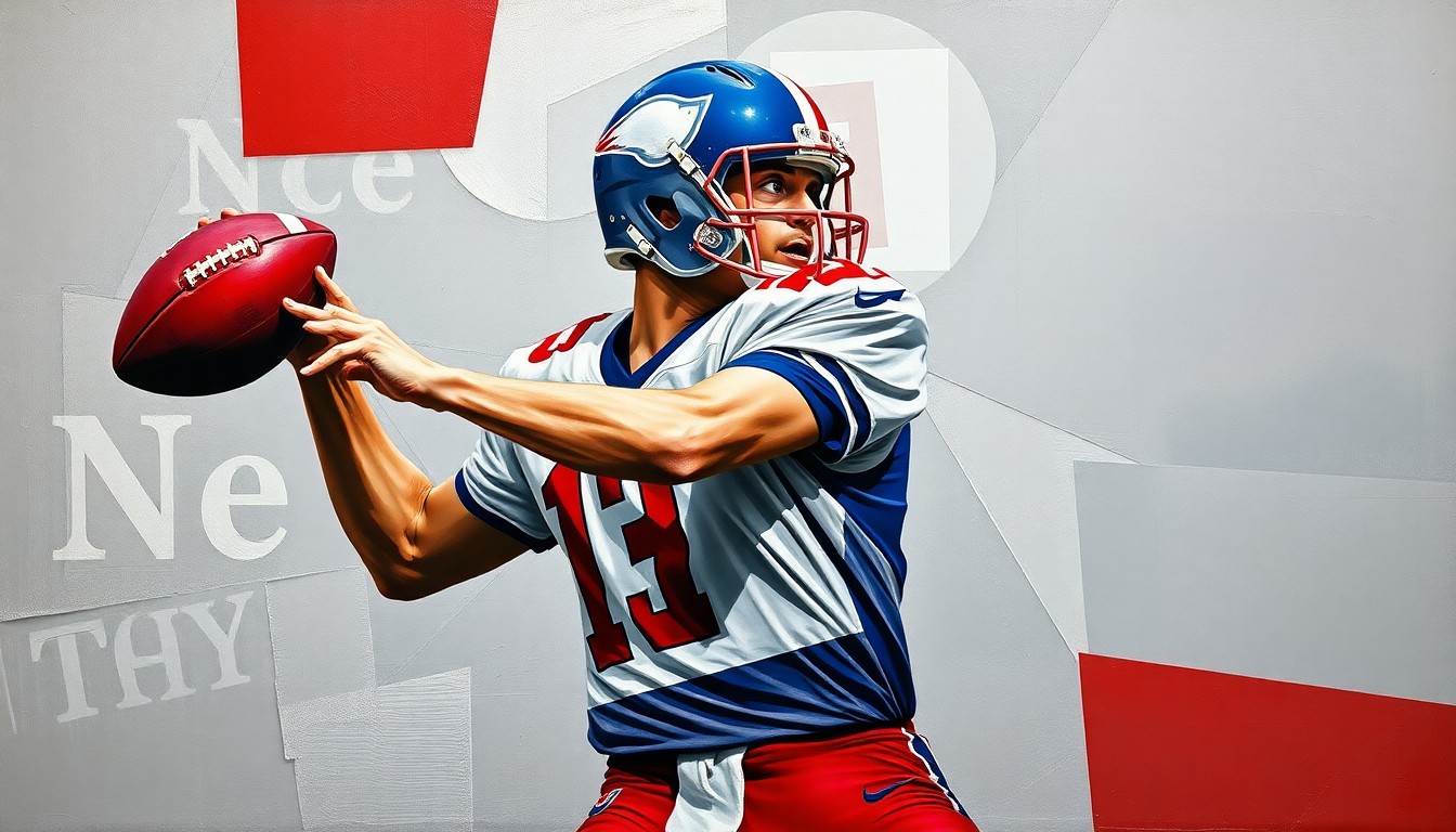 A cubist, geometric painting depicting a football player's throwing motion broken down into sharp, overlapping planes of silver, navy, and crimson, conceptually representing the strategic importance of the Raiders' top draft selection.