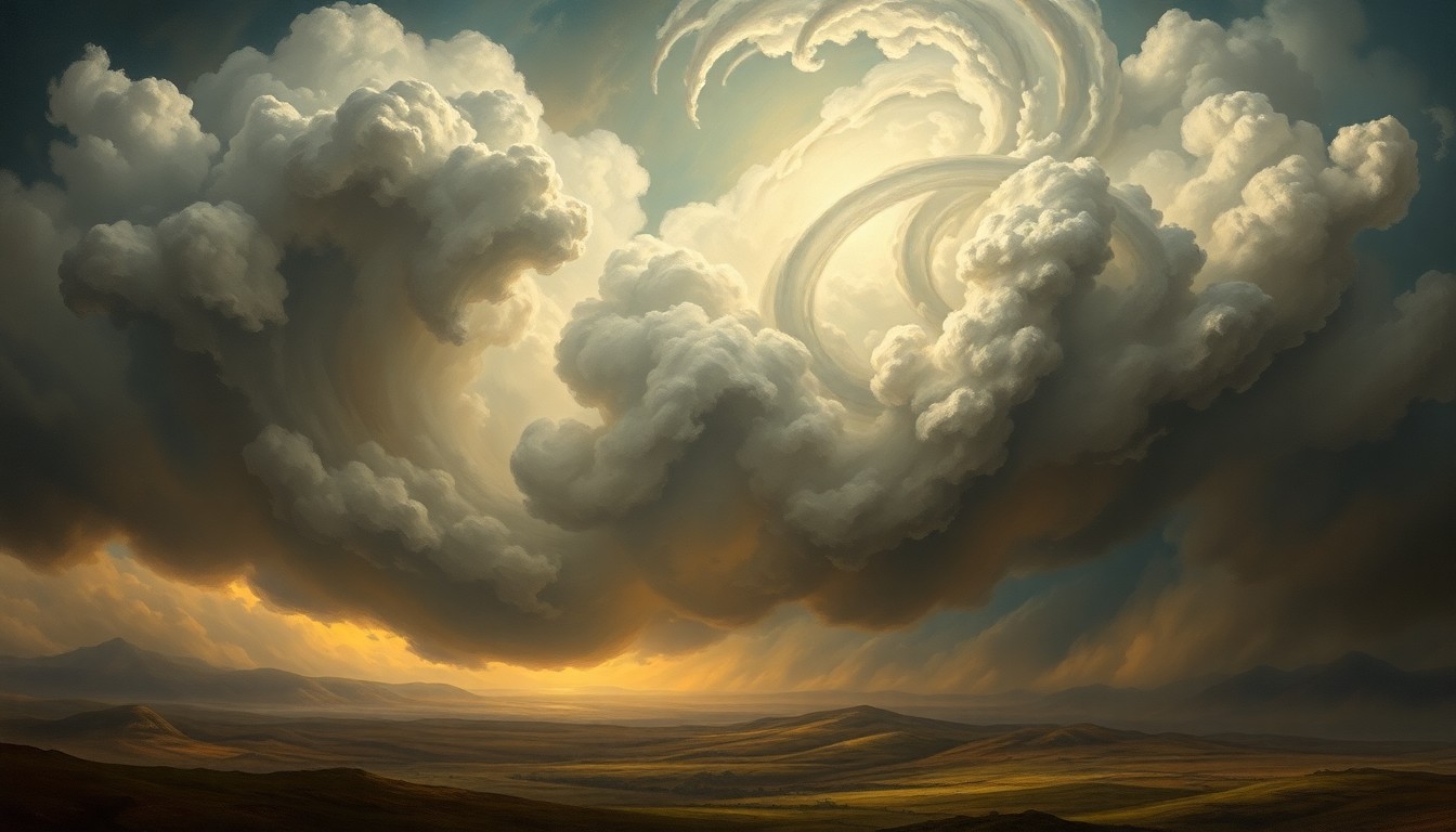 A sweeping, atmospheric landscape painting in muted tones of gray, blue, and white, depicting a massive, swirling storm system dominating the sky and dwarfing any physical structures or objects in the foreground, conveying a sense of the overwhelming power and scale of the natural forces at play.