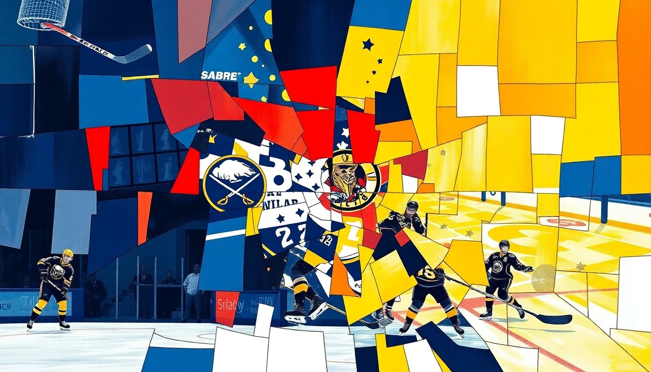 A cubist, multi-angled painting featuring sharp, overlapping geometric shapes in the team colors of the Buffalo Sabres and their playoff opponent, conveying the high-stakes drama and competitive spirit of the Sabres' long-awaited return to the postseason.