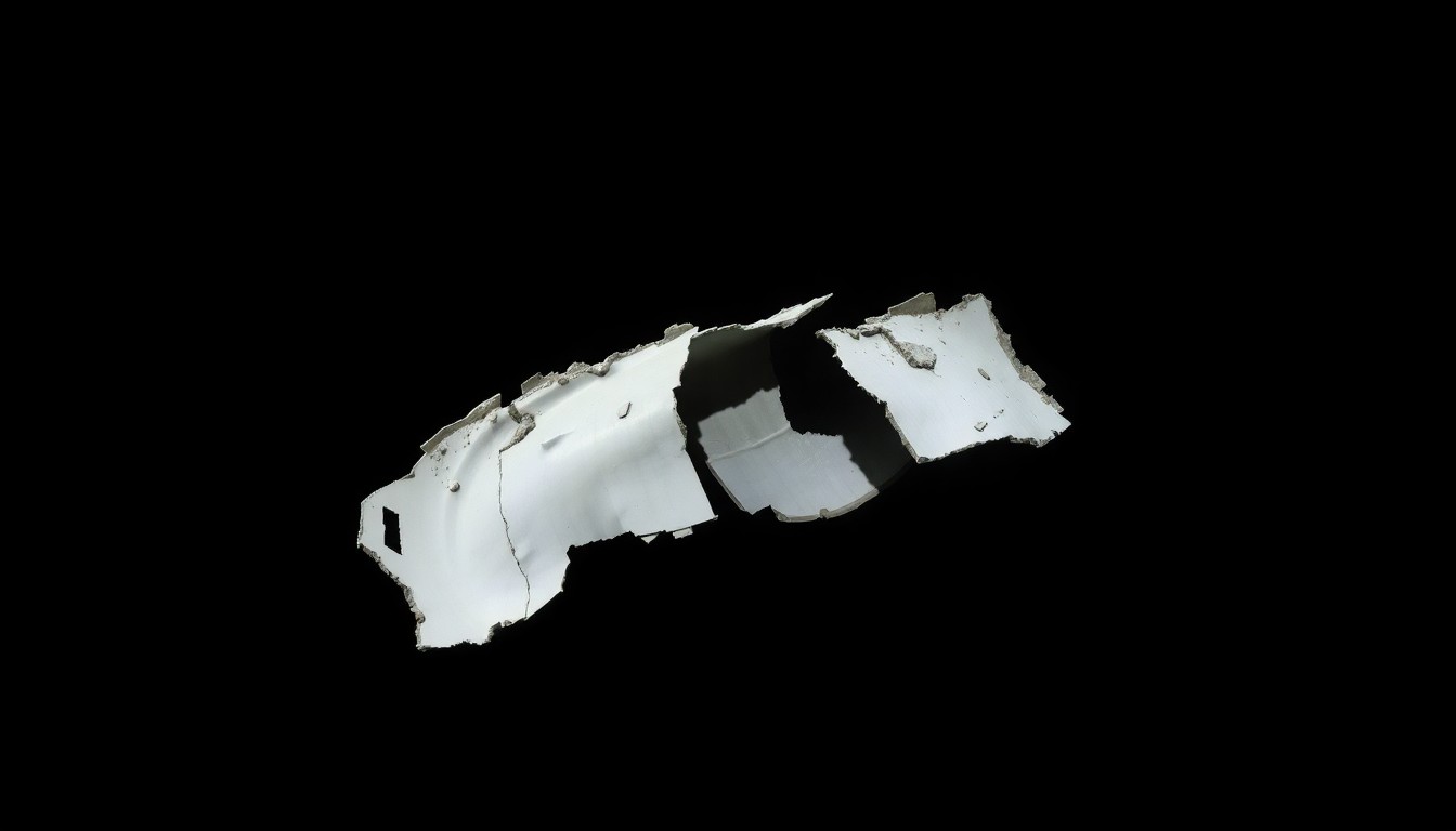 An extreme close-up photograph of a shattered boat hull fragment, lit by a harsh, direct camera flash against a pitch-black background, conceptually illustrating the stark, gritty aftermath of the U.S. military's strikes on suspected drug boats.