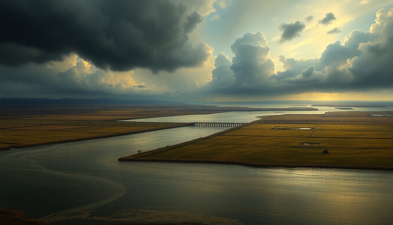 A sweeping, atmospheric landscape painting in muted tones of gray, blue, and green, with a damaged levee structure barely visible in the distance, dwarfed by the vast, stormy skies and rising floodwaters.