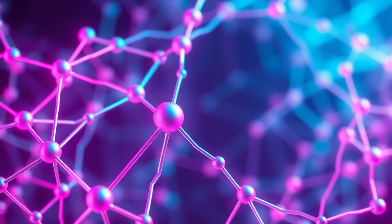 A highly detailed, glowing 3D illustration of a complex molecular structure made up of interconnected neon cyan and magenta lines, representing the advanced computational capabilities of the Matlantis materials simulation platform.
