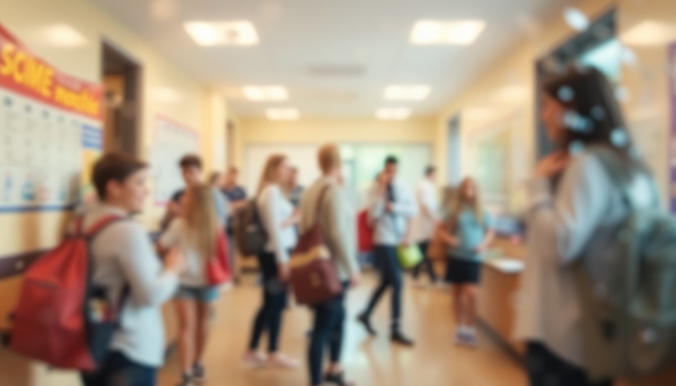 An abstract, impressionistic scene of blurred figures in a school setting, conveying a sense of warmth, community, and educational enrichment.