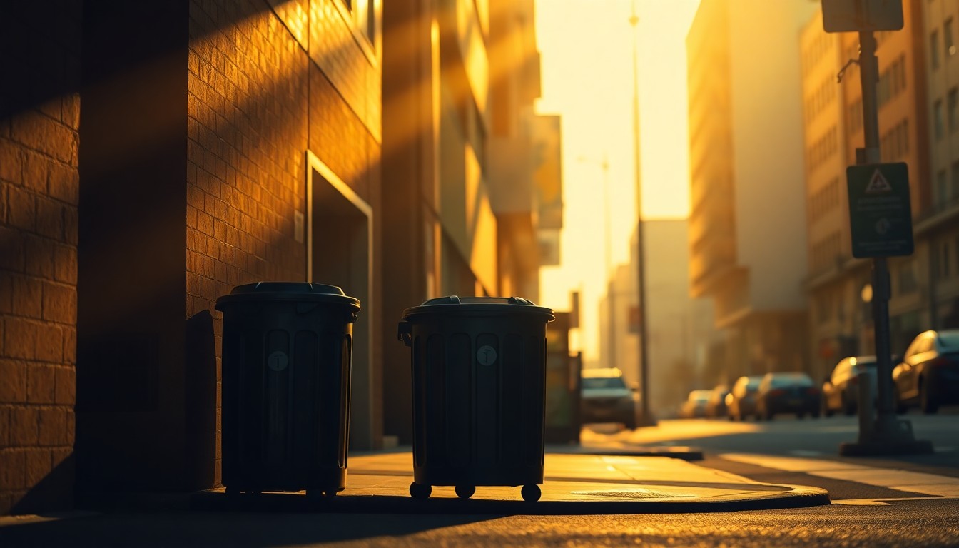 A close-up view of an old, battered metal trash can sitting alone on a shadowy urban street corner, with warm sunlight casting dramatic diagonal shadows across the scene, conceptually representing the tensions and challenges between local government and private waste management.