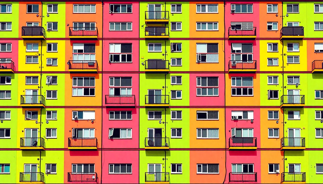 A highly stylized, abstract illustration of a repeating apartment building facade in bright, neon colors, conveying the urgency of the affordable housing crisis through a pop art aesthetic.