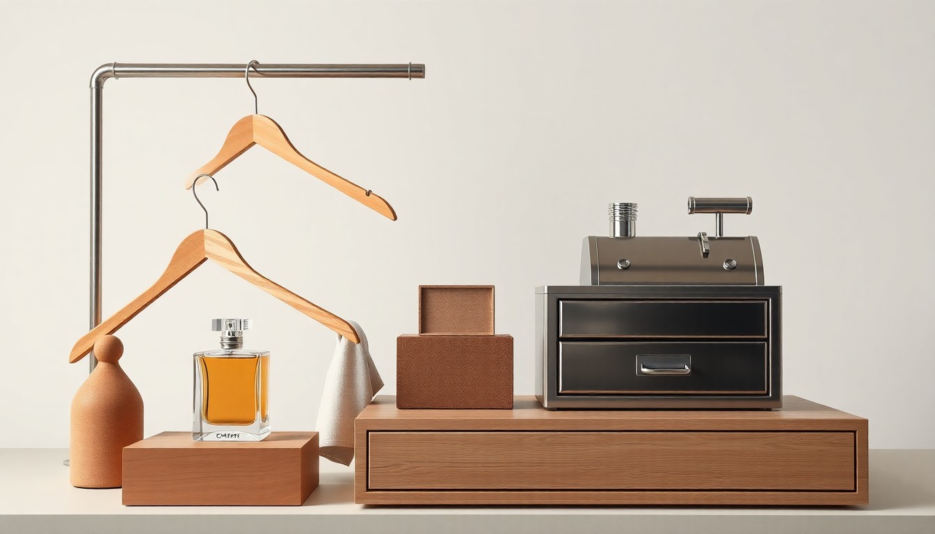 A high-end, photorealistic studio still-life photograph featuring a neatly arranged collection of premium retail display items in muted earth tones, conceptually representing the changing nature of the retail industry and the challenges faced by legacy department store chains.