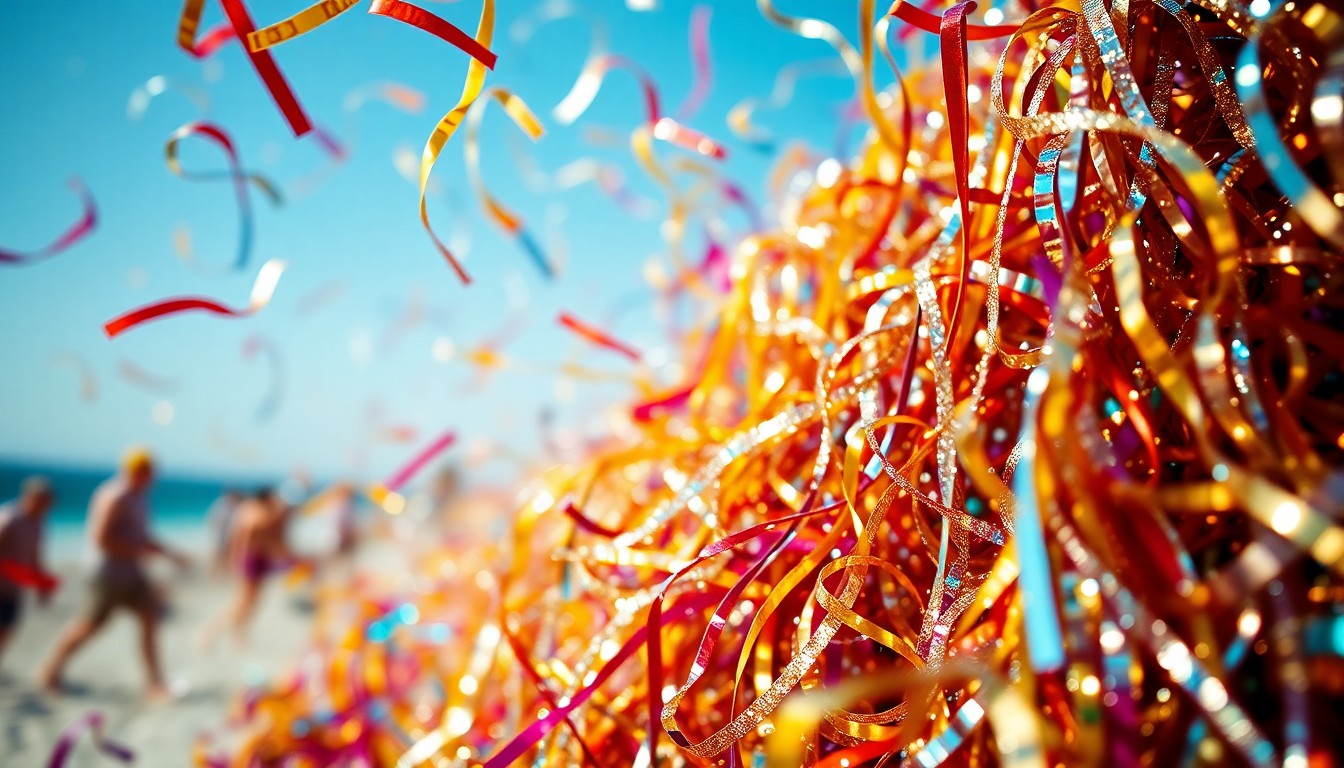 An abstract close-up image featuring a vibrant, textured arrangement of shimmering confetti and metallic streamers, conveying the energetic, celebratory spirit of the Gronk Beach music festival.