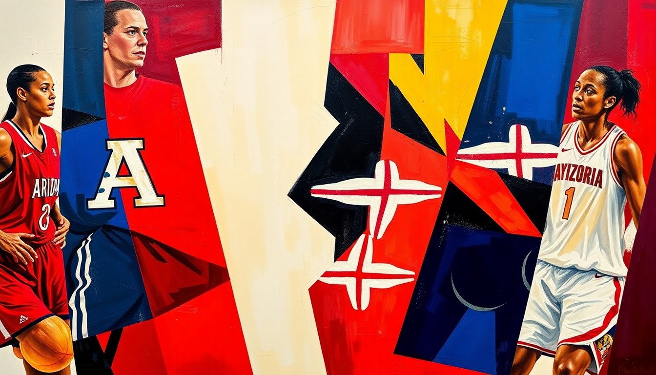 A cubist, geometric painting depicting the dynamic movement and energy of a women's basketball game, with the colors of Arizona and Maryland's uniforms intersecting in a fractured, multi-perspective style.