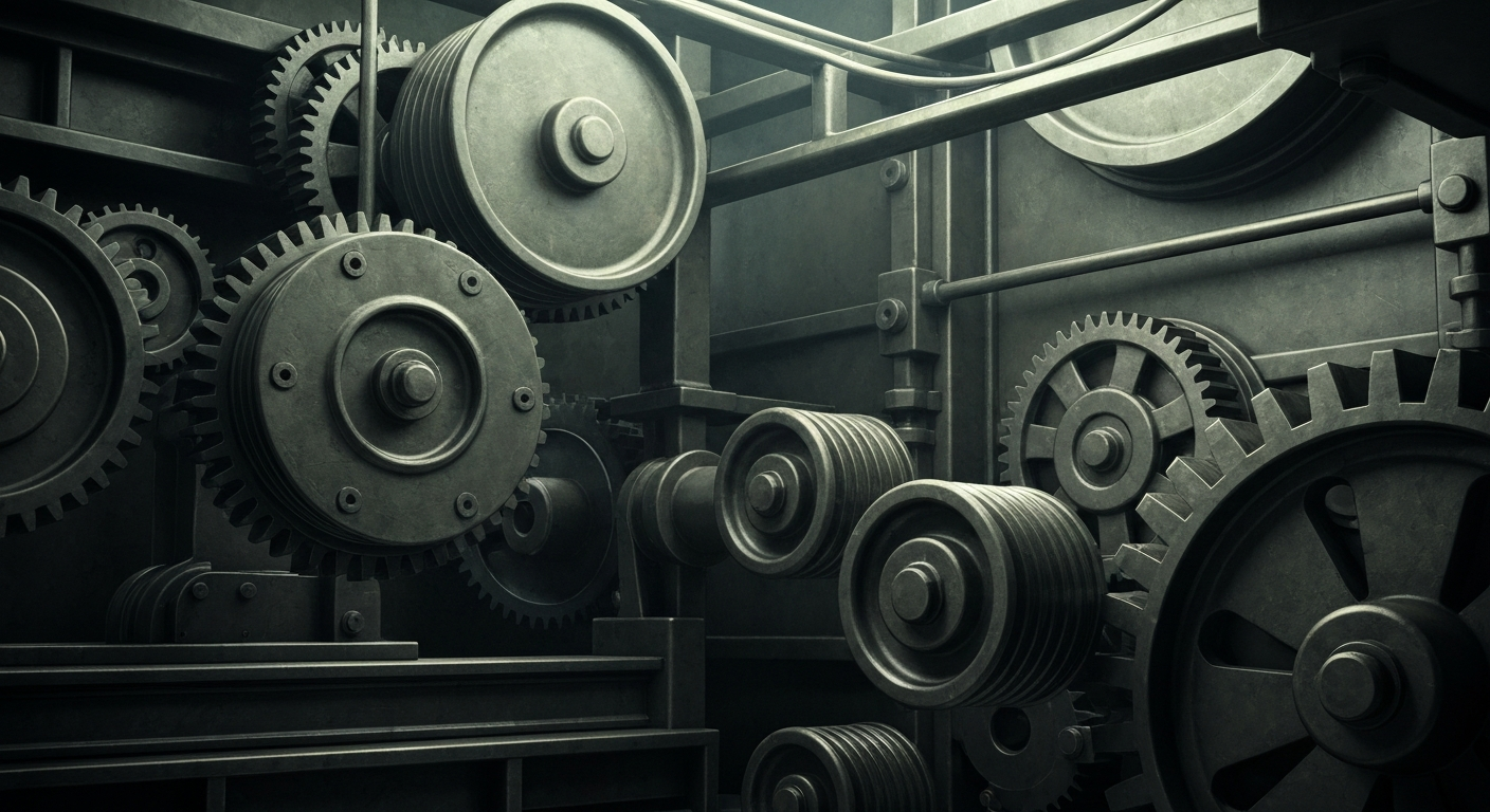 An extreme close-up of industrial gears and pulleys in muted tones, conveying the complex financial infrastructure underlying a SPAC public offering.