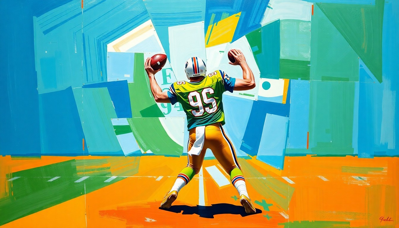 A fragmented, cubist-style painting depicting a quarterback in motion, with sharp geometric shapes and planes of bright blue, green, and orange colors capturing the dynamic energy of the sport.
