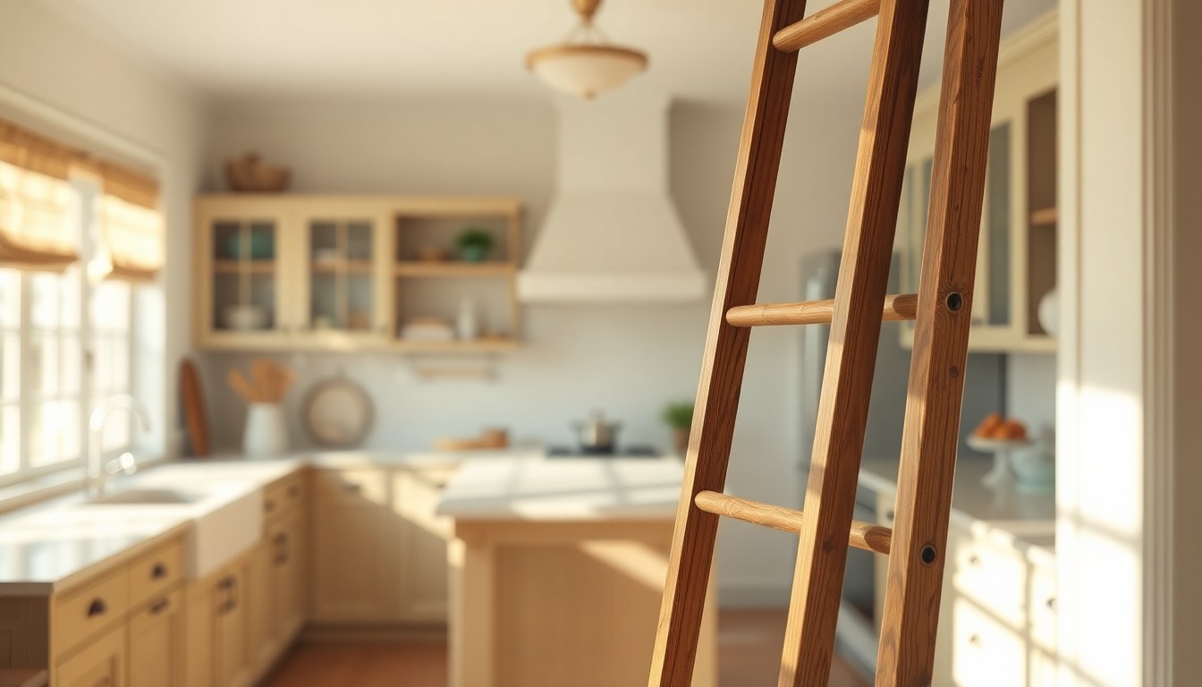 An extremely abstracted, out-of-focus photograph of a kitchen interior, with a rolling wooden ladder in the foreground casting warm, blurred reflections on the countertops and cabinets, conceptually representing the relaxed, coastal elegance of Gwyneth Paltrow's kitchen design.