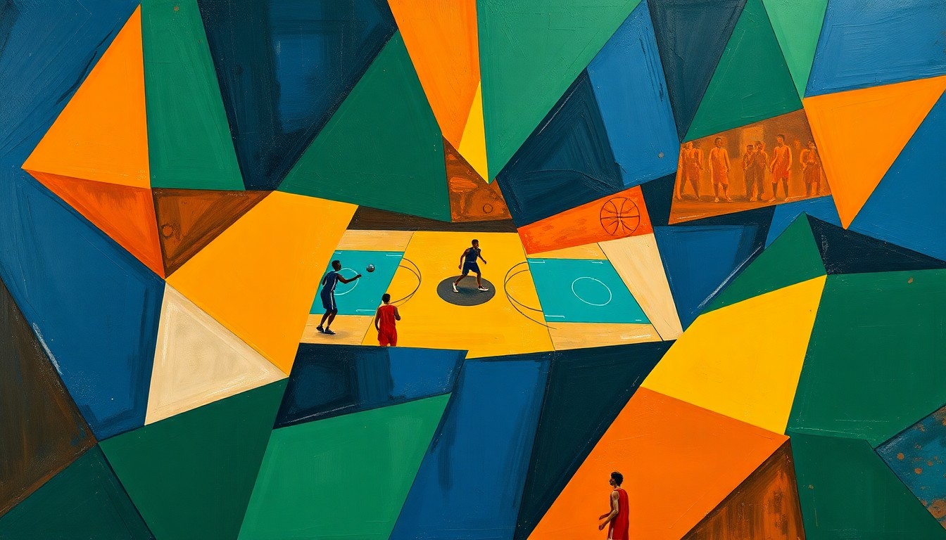 A cubist, geometric painting depicting a basketball game or match, with the players and court broken down into sharp, overlapping planes of navy blue, forest green, and burnt orange, capturing the dynamic energy of the sport.