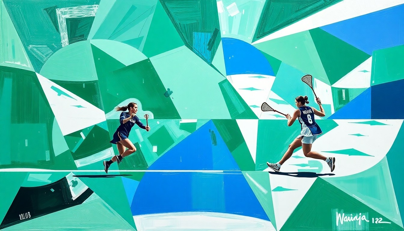 A fragmented, geometric painting depicting the action and energy of a women's lacrosse game, with sharp planes of green, blue, and white representing the players and movement on the field.
