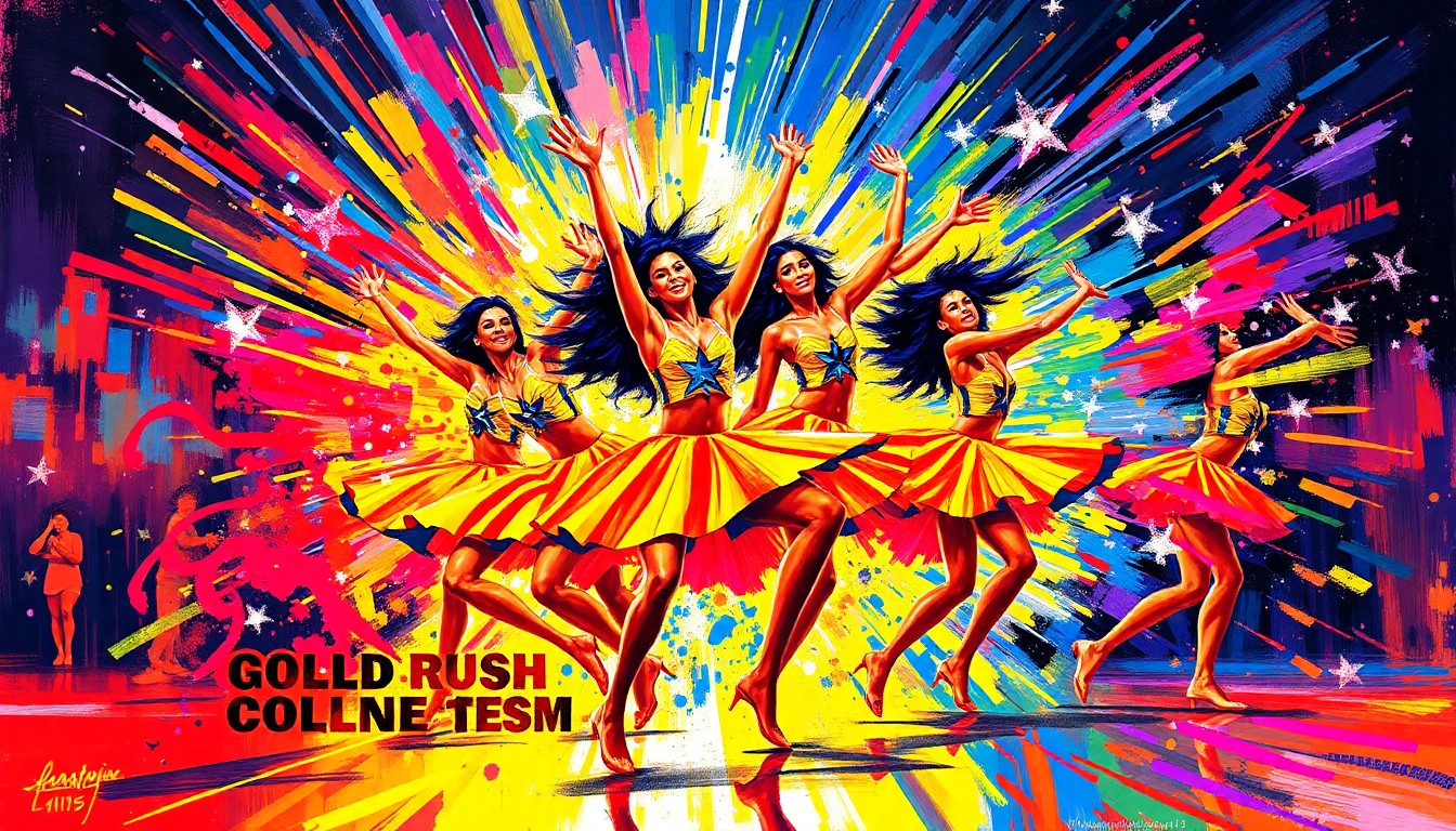 A highly textured, energetic painting in neon colors depicting the fluid, expressive movements of a dance team performance.