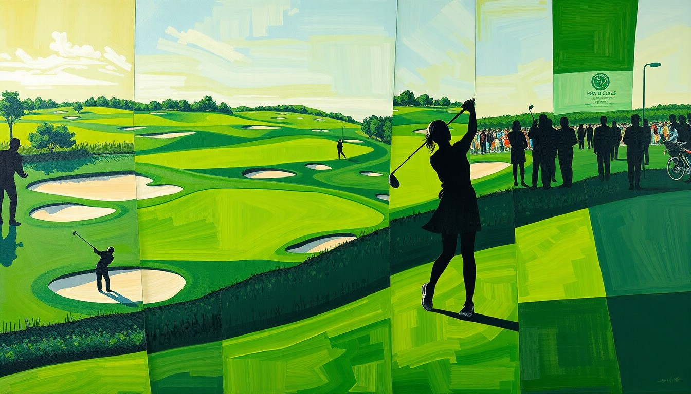 A cubist, geometric painting depicting the dynamic action of a women's golf tournament, with overlapping shapes and planes representing the fairways, sand traps, and silhouettes of players in motion.