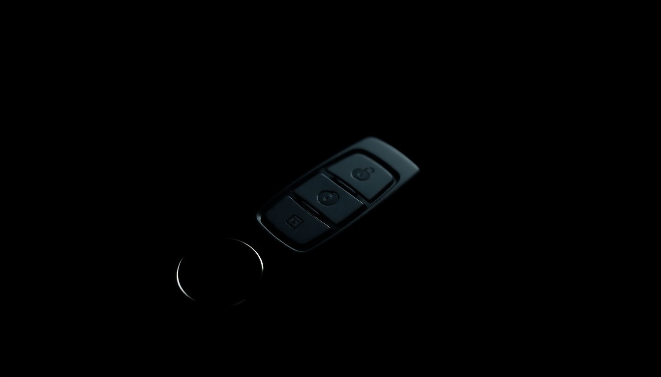 An extreme close-up photograph of a car key fob against a pitch-black background, capturing the stark, gritty details of the object to conceptually represent the trauma of a carjacking incident.
