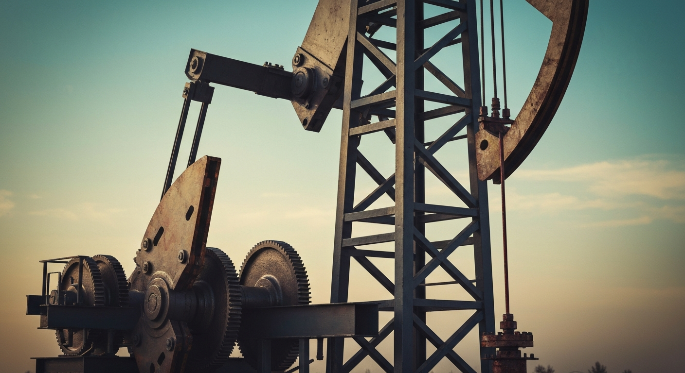 An extreme close-up of the intricate mechanical components of an oil pump jack, conveying the physical and industrial nature of the global energy infrastructure.