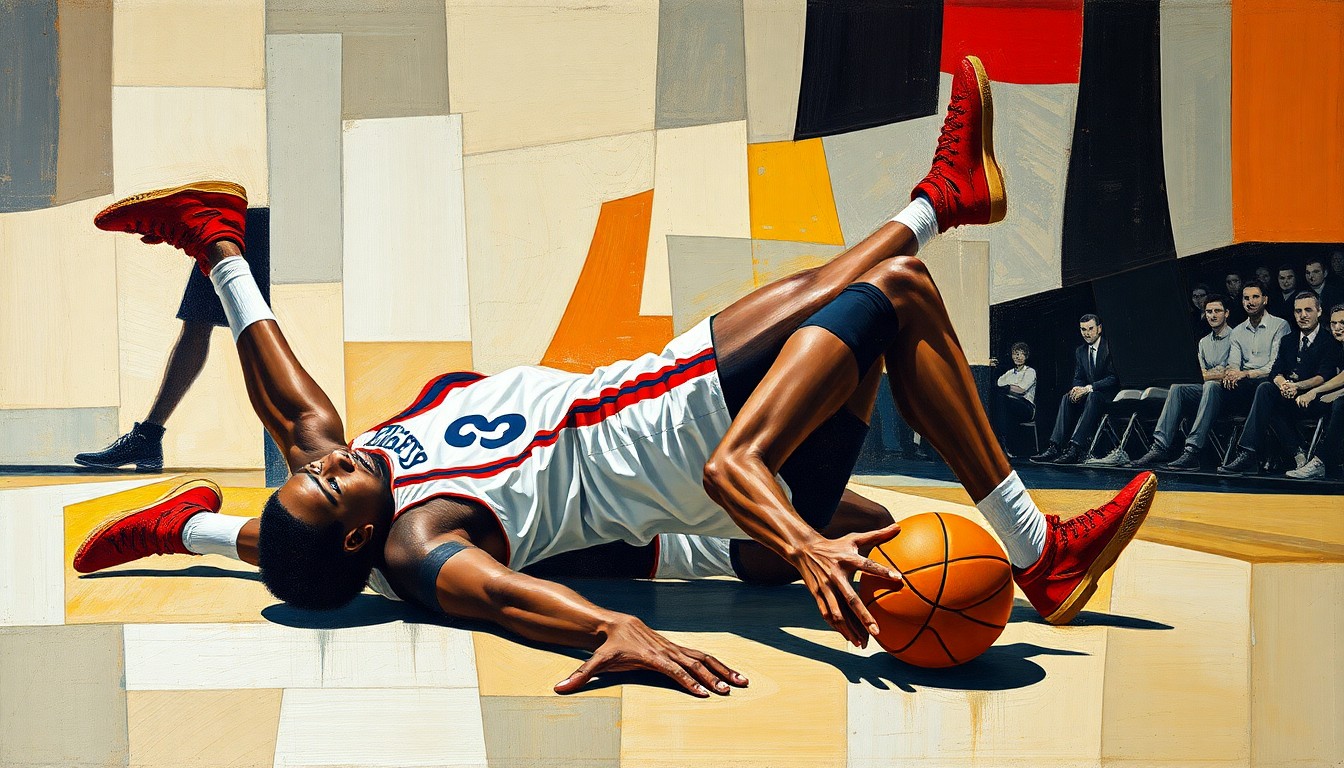 A fractured, geometric painting depicting the moment Bam Adebayo fell hard to the court after LaMelo Ball grabbed his ankle, the players' bodies and the court breaking down into sharp, overlapping planes of color.