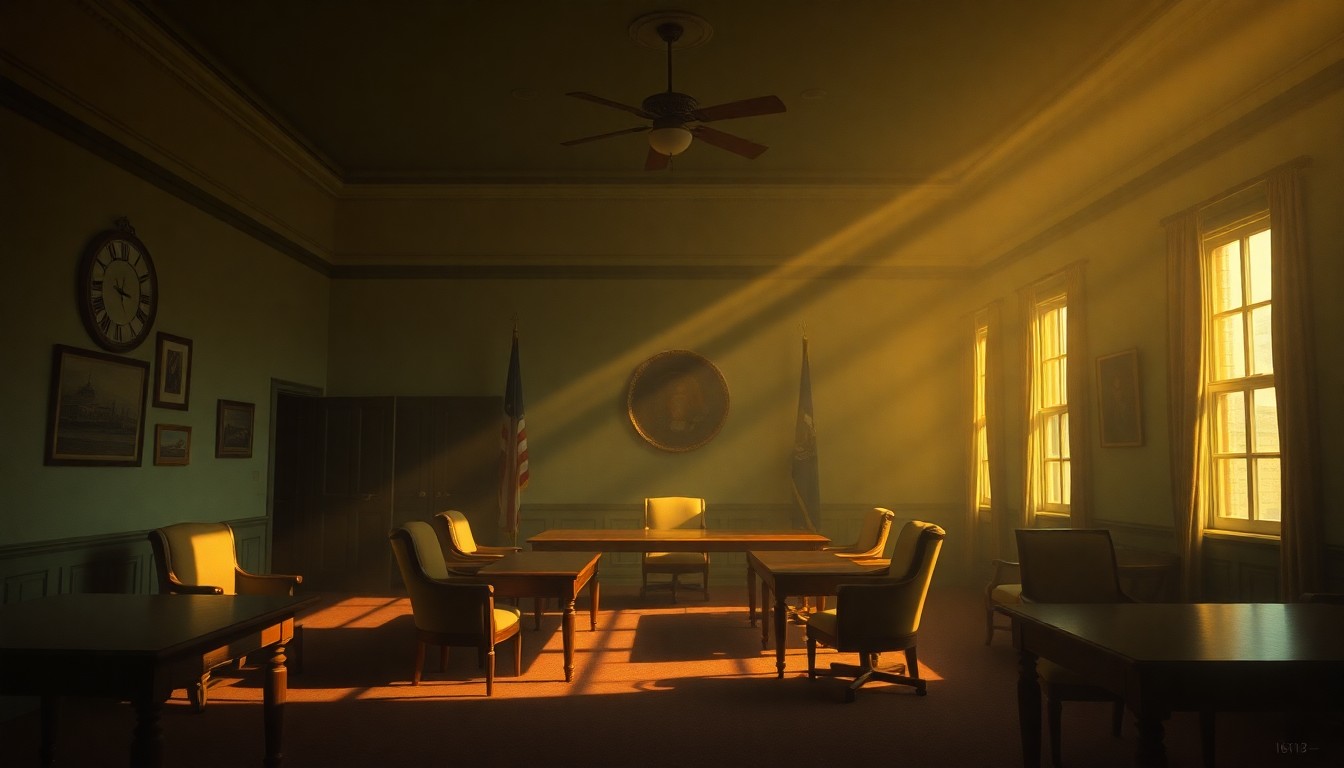 A dimly lit, cinematic painting of an empty government meeting room or office, with warm sunlight streaming in through the windows and casting deep shadows across the walls and furniture, creating a sense of quiet contemplation and the weight of history.