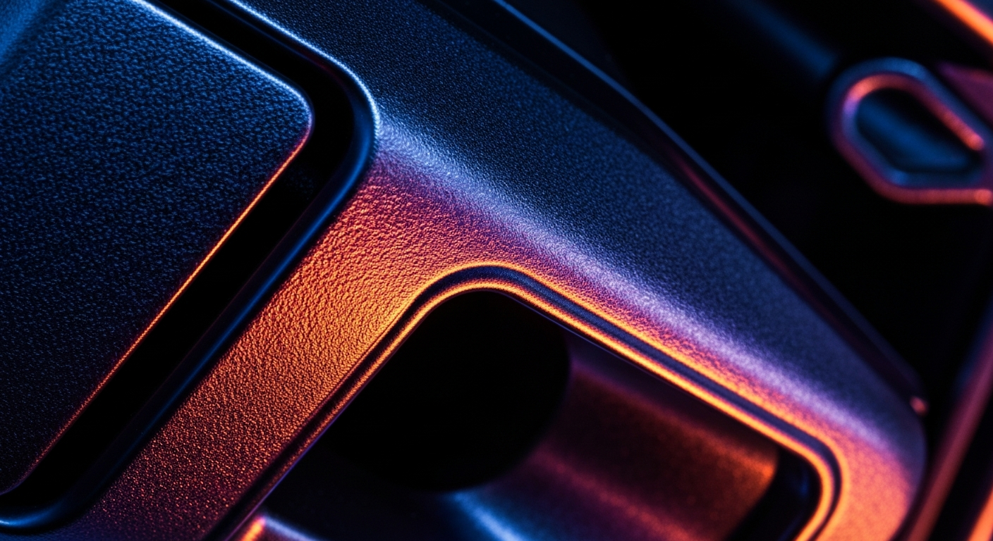 An extreme macro photograph focusing on the intricate, pebbled metal surface and grooves of an automotive exhaust trim plate, conveying the rugged engineering and attention to detail in this OEM Volvo part.