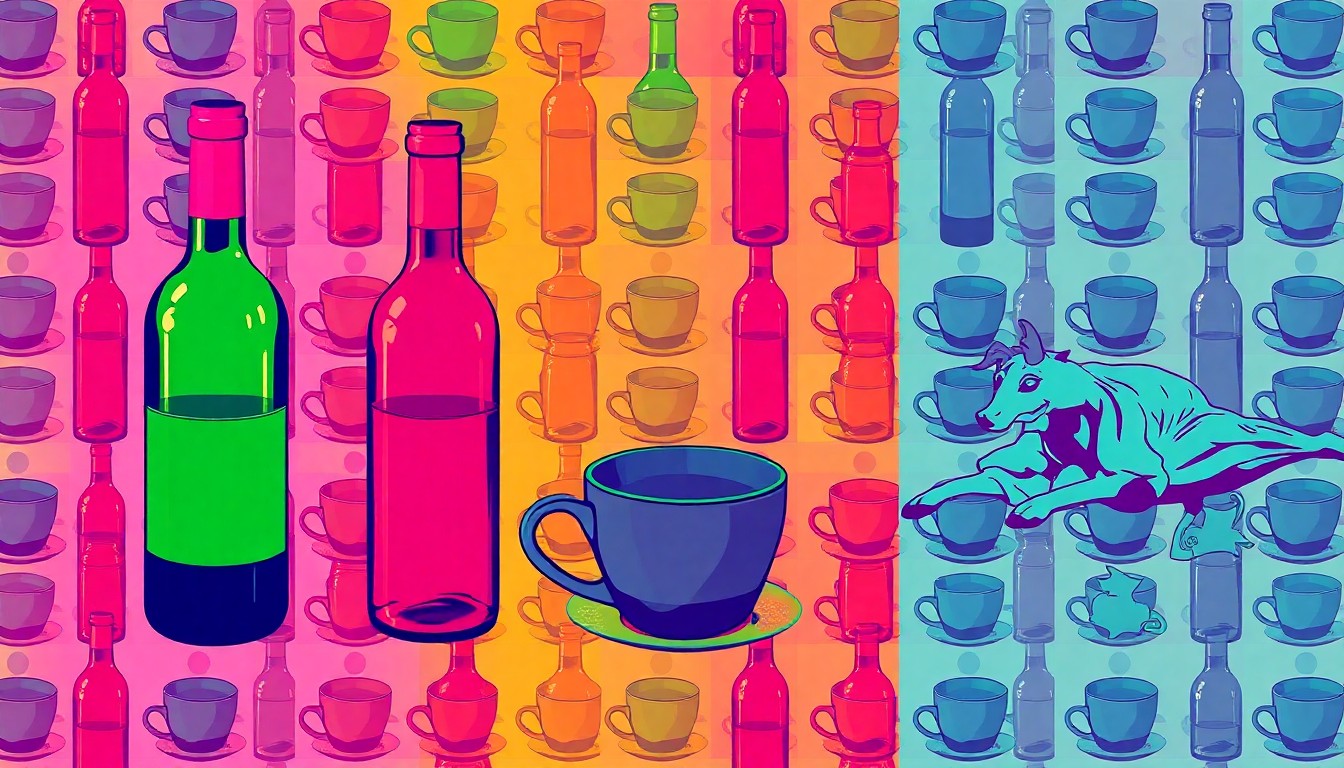 A vibrant, pop art-inspired illustration featuring repeated silhouettes of a wine bottle, coffee cup, and bed linens in a grid pattern, capturing the lifestyle and hospitality elements of Mia Ponzi's new businesses.