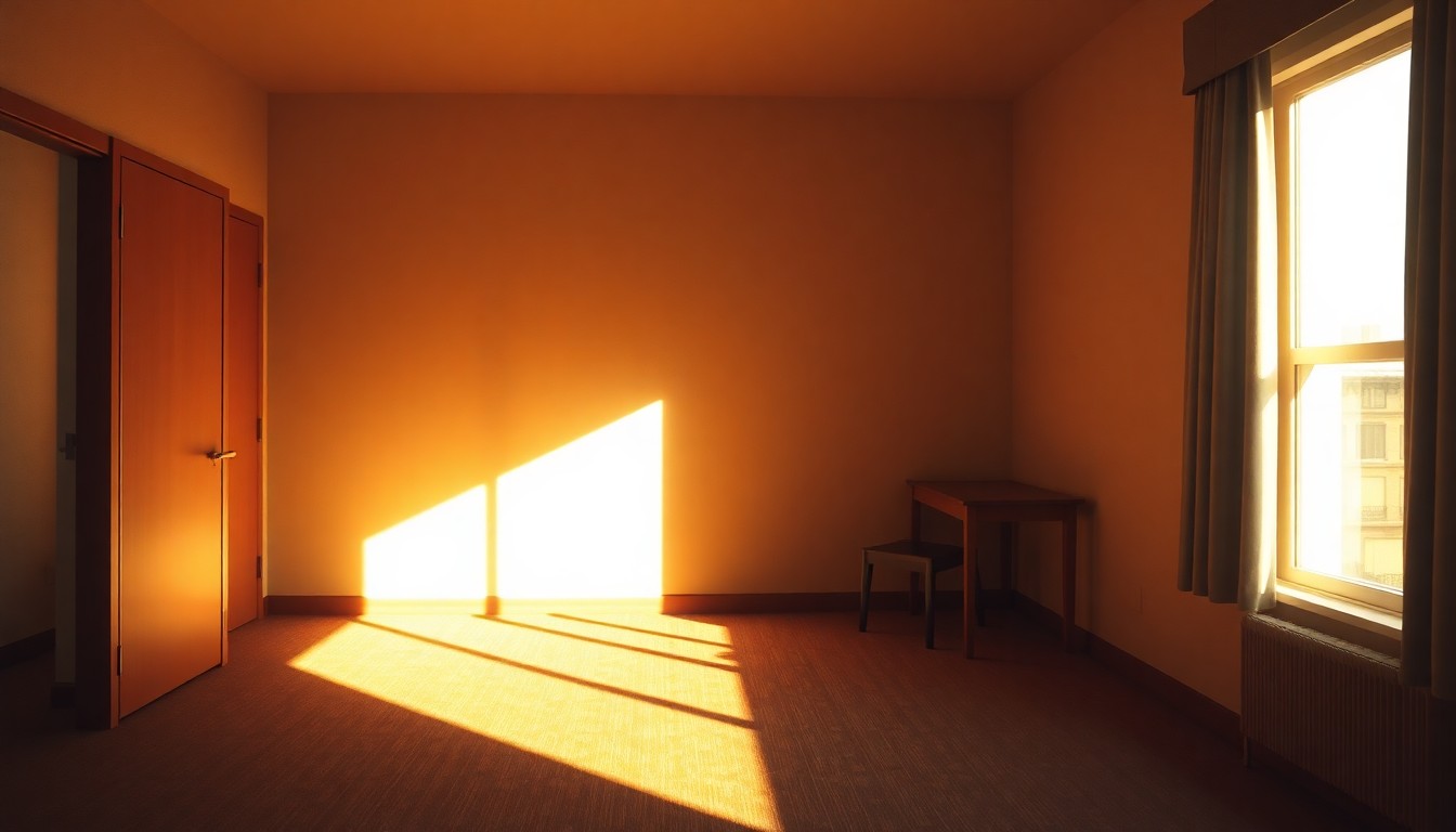 A dimly lit hotel room with warm sunlight streaming in through the window, casting long shadows across an empty chair and table, creating a somber, contemplative mood.