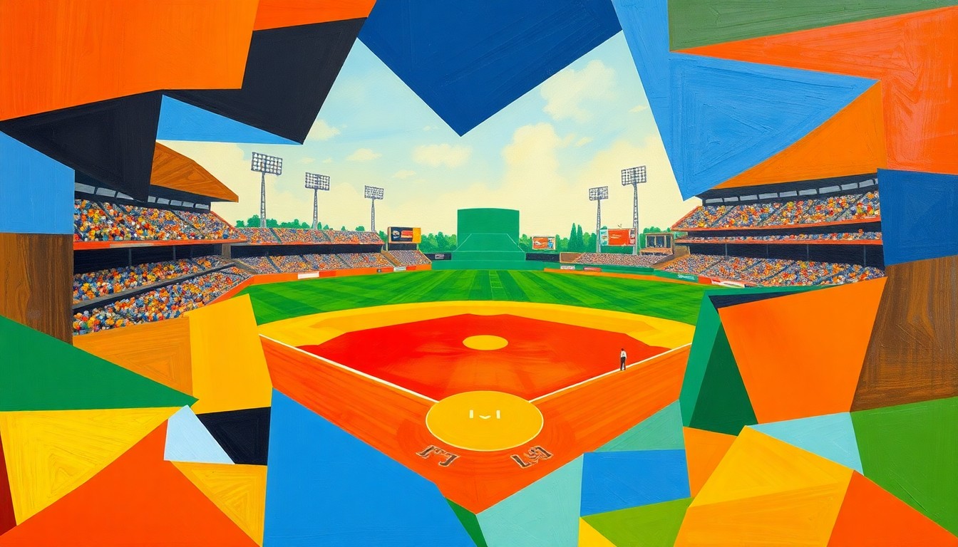 A fragmented, abstract painting depicting a baseball game scene broken down into sharp, overlapping geometric shapes and planes of color, conceptually representing the dangers of foul balls in the sport.