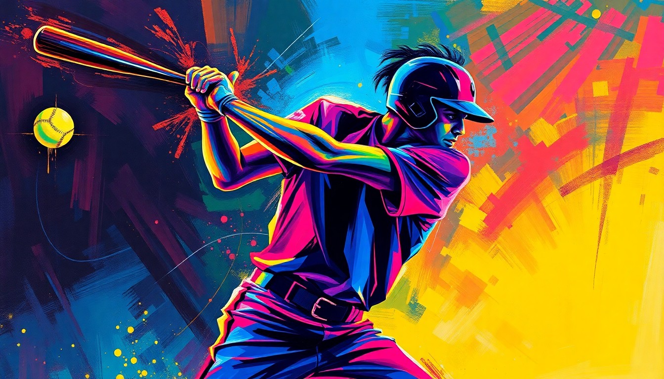 An abstract, textured painting in bright neon colors depicting the explosive motion and energy of a softball player mid-swing, the ball blurring into a vibrant streak across the canvas.