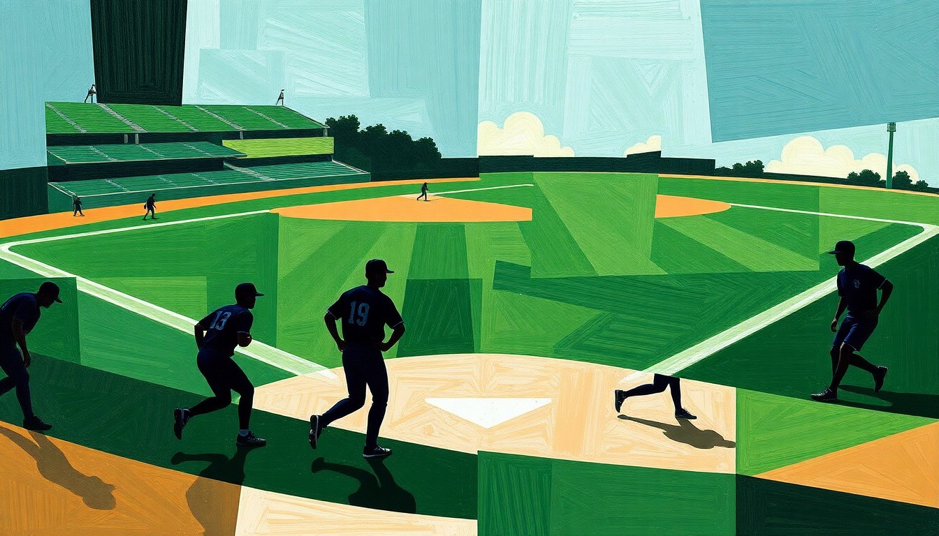 A fragmented, geometric painting depicting the dynamic movements and competing perspectives of a college baseball game, with players' forms broken down into angular, overlapping shapes.