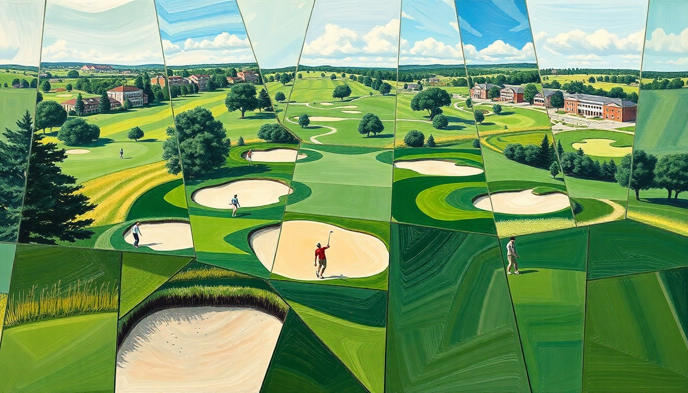 A cubist, geometric painting depicting a college golf tournament, with overlapping planes of green fairways, sand traps, and golfers in motion, capturing the dynamic energy of the competition.