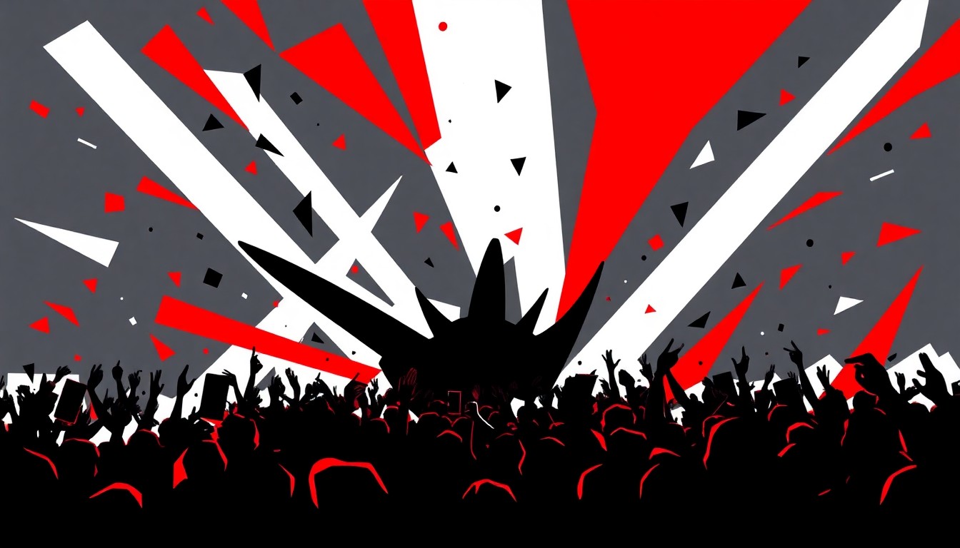 A striking abstract illustration using bold, geometric black shapes against a bright red background, conceptually representing the high-energy atmosphere and potential for disorder at a large music festival.
