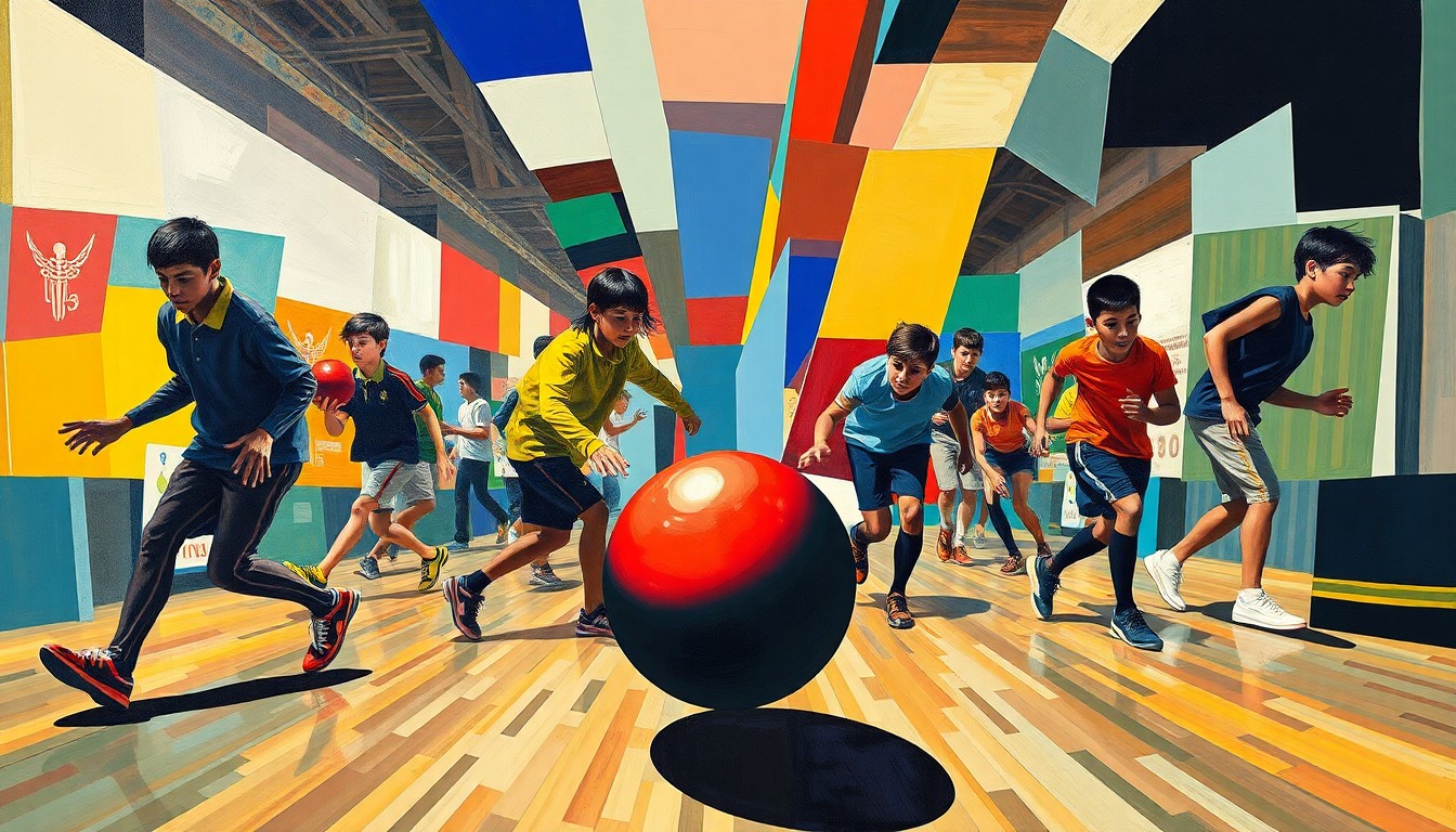 A dynamic, abstract painting in the cubist style, with sharp geometric planes of color representing the movements and action of a high school bowling match.