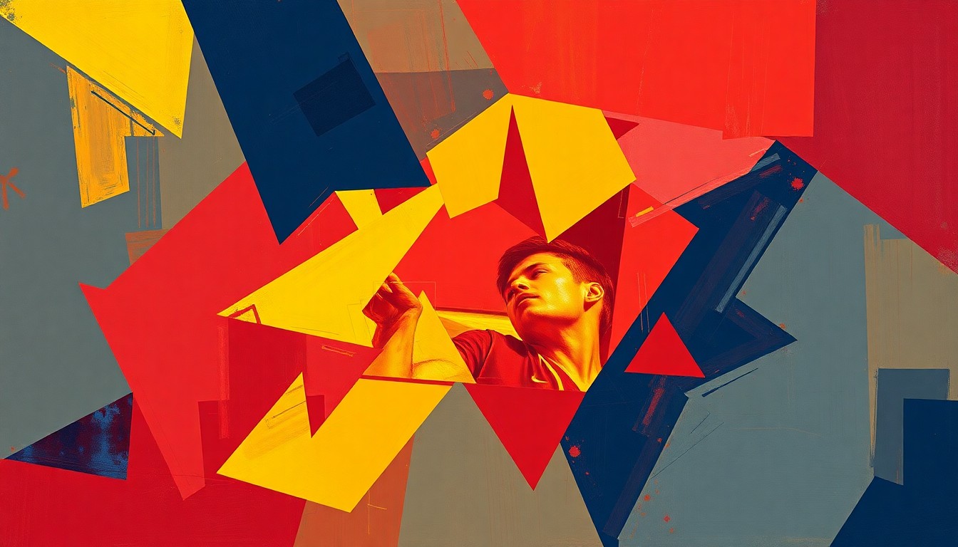 A fractured, geometric painting in bold colors depicting the dynamic movements and competitive energy of a basketball game, conveying the high-stakes recruiting battle for a top prospect.