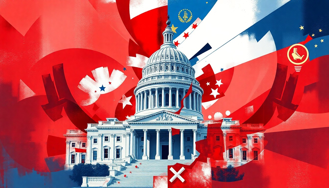 A fractured, abstract painting in red, white, and blue hues depicting the U.S. Capitol building in a state of motion, conveying the sense of political instability and turmoil surrounding the 25th Amendment proposal.