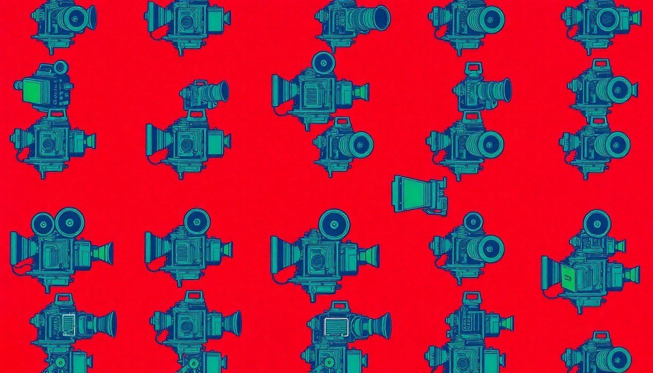 A bold, colorful silkscreen-style illustration featuring a vintage film camera repeated in a grid pattern, representing the innovative work of early cinematographers like William Harbeck.