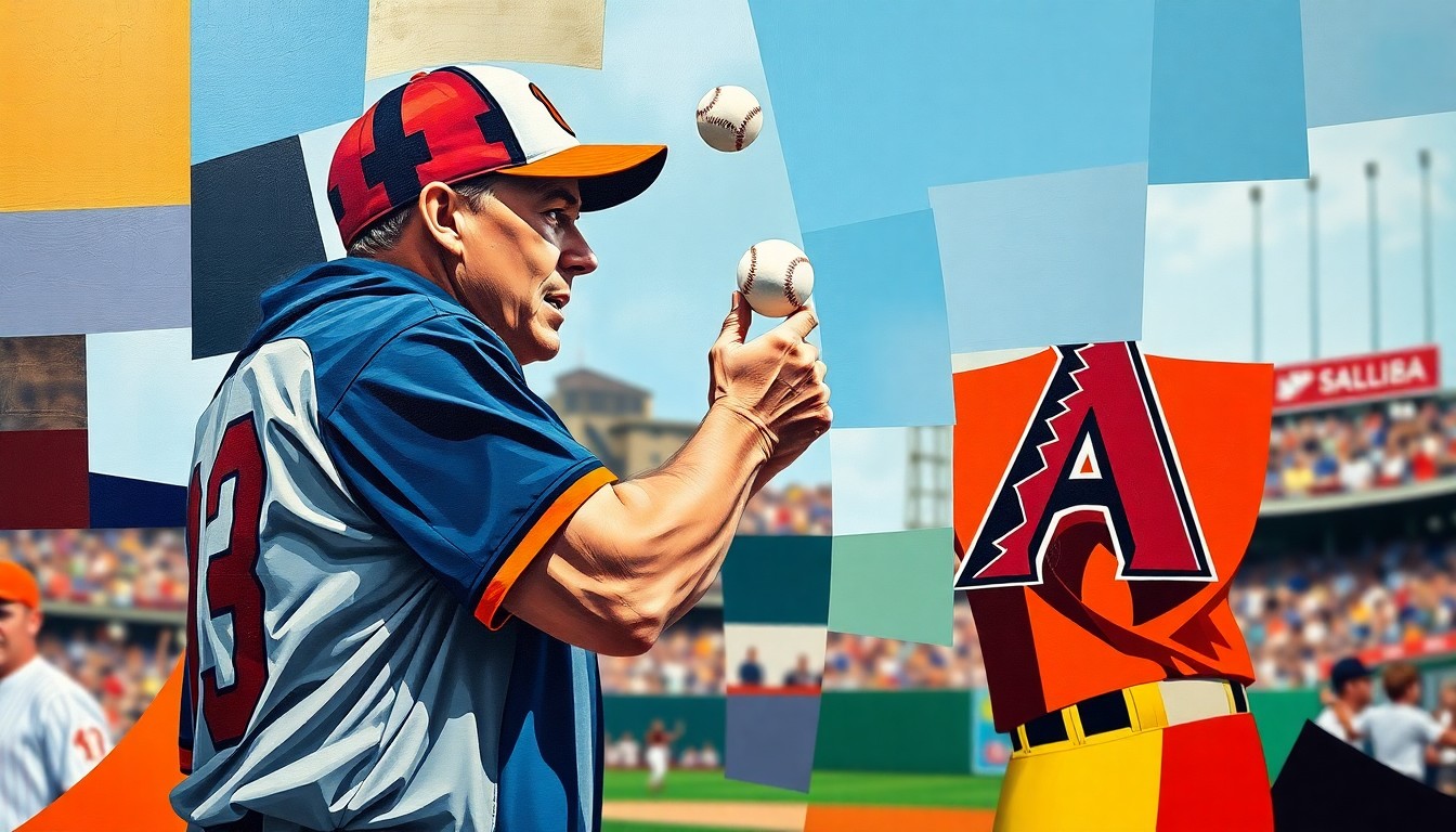 A fragmented, geometric painting in bold colors representing a baseball manager being struck by a foul ball, the impact breaking the scene into sharp, overlapping planes.